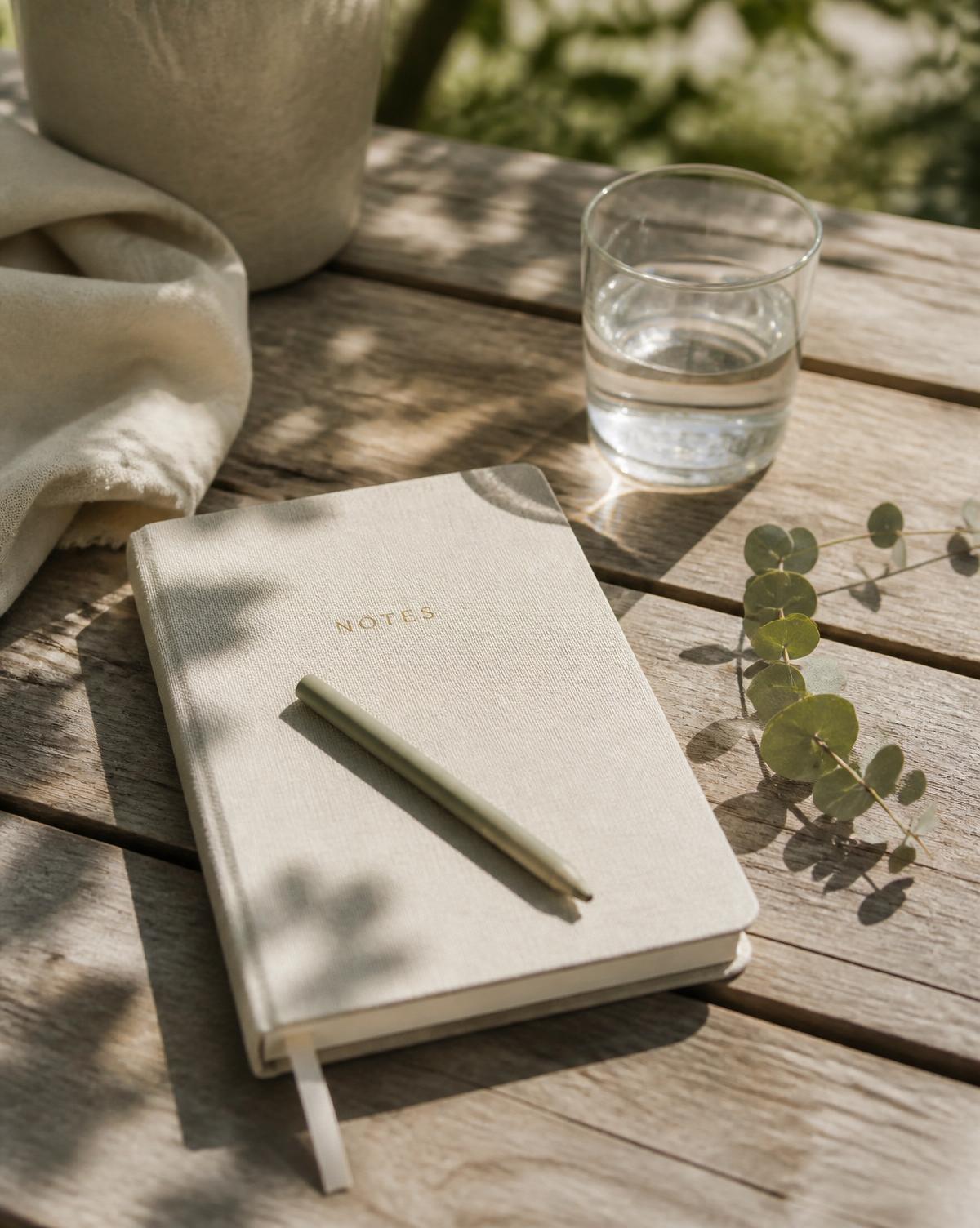 Carnet de lin et stylo posés sur une table de bois, en lumière naturelle