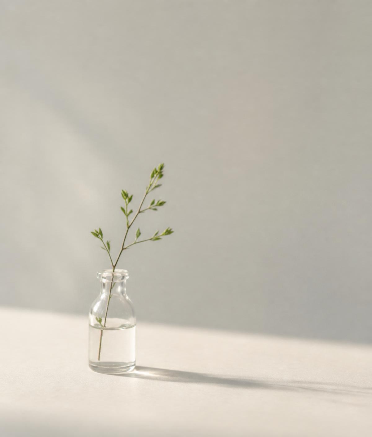 Petite bouteille de verre avec une tige verte, lumière naturelle